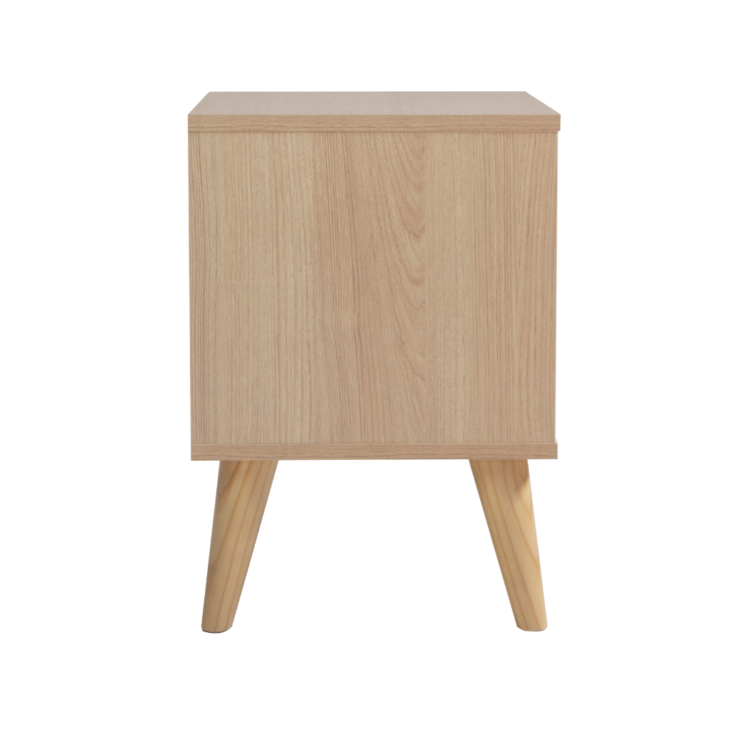 Mesa de cabeceira com 2 gavetas retrô, visto de lado