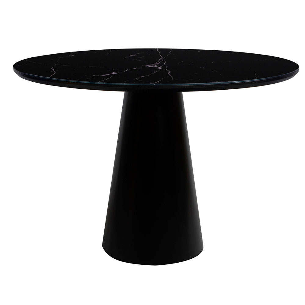mesa de jantar redonda lolanda base e tampo preto com vidro preto marmorizado sobreposto 110 cm, visto de frente