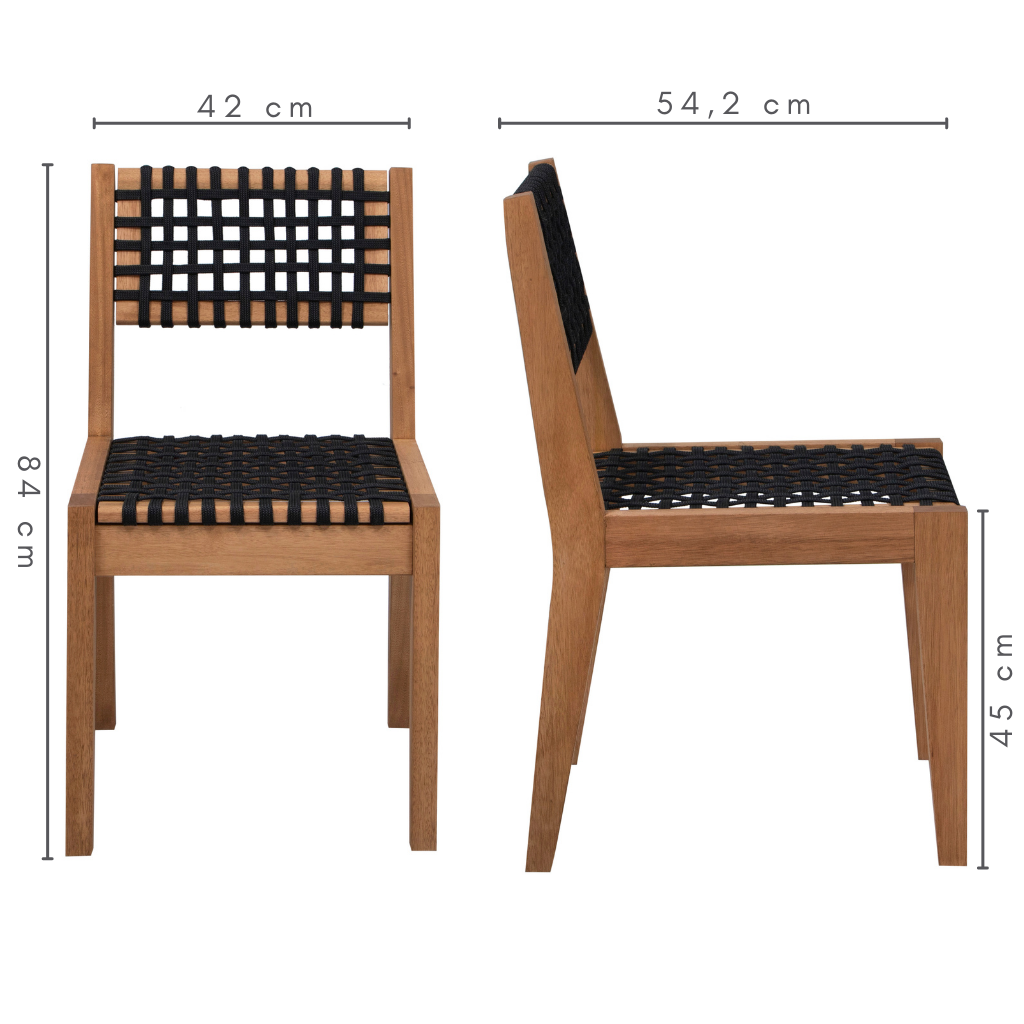 Cadeira de madeira com encosto e assento de cordas cor preta, medidas   A= 84 cm    L= 54,2 cm     C= 42 cm