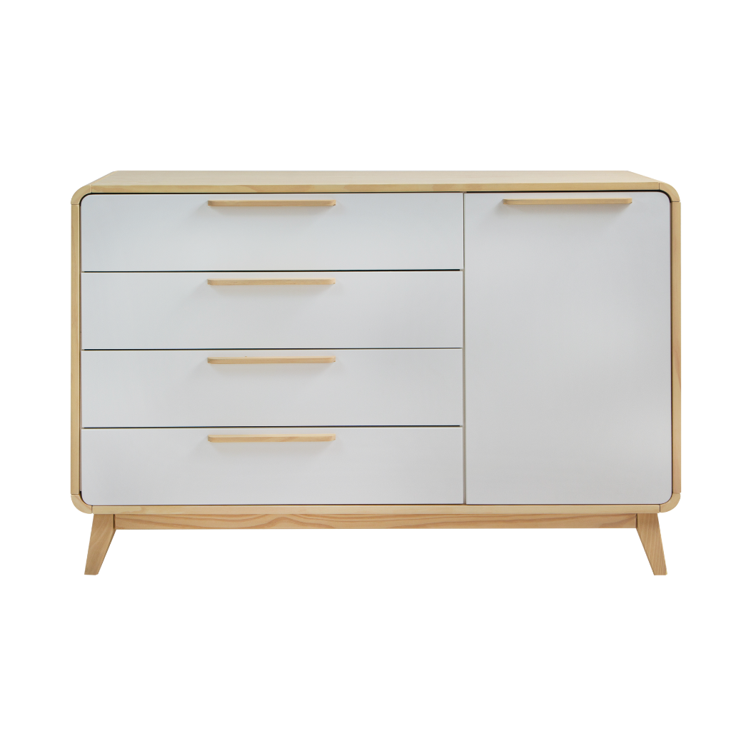cômoda 4 gavetas e 1 porta evolutivo cor carvalho e branco, visto de frente