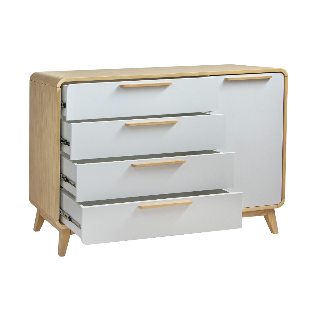 cômoda 4 gavetas e 1 porta evolutivo cor carvalho e branco, destacando as gavetas abertas