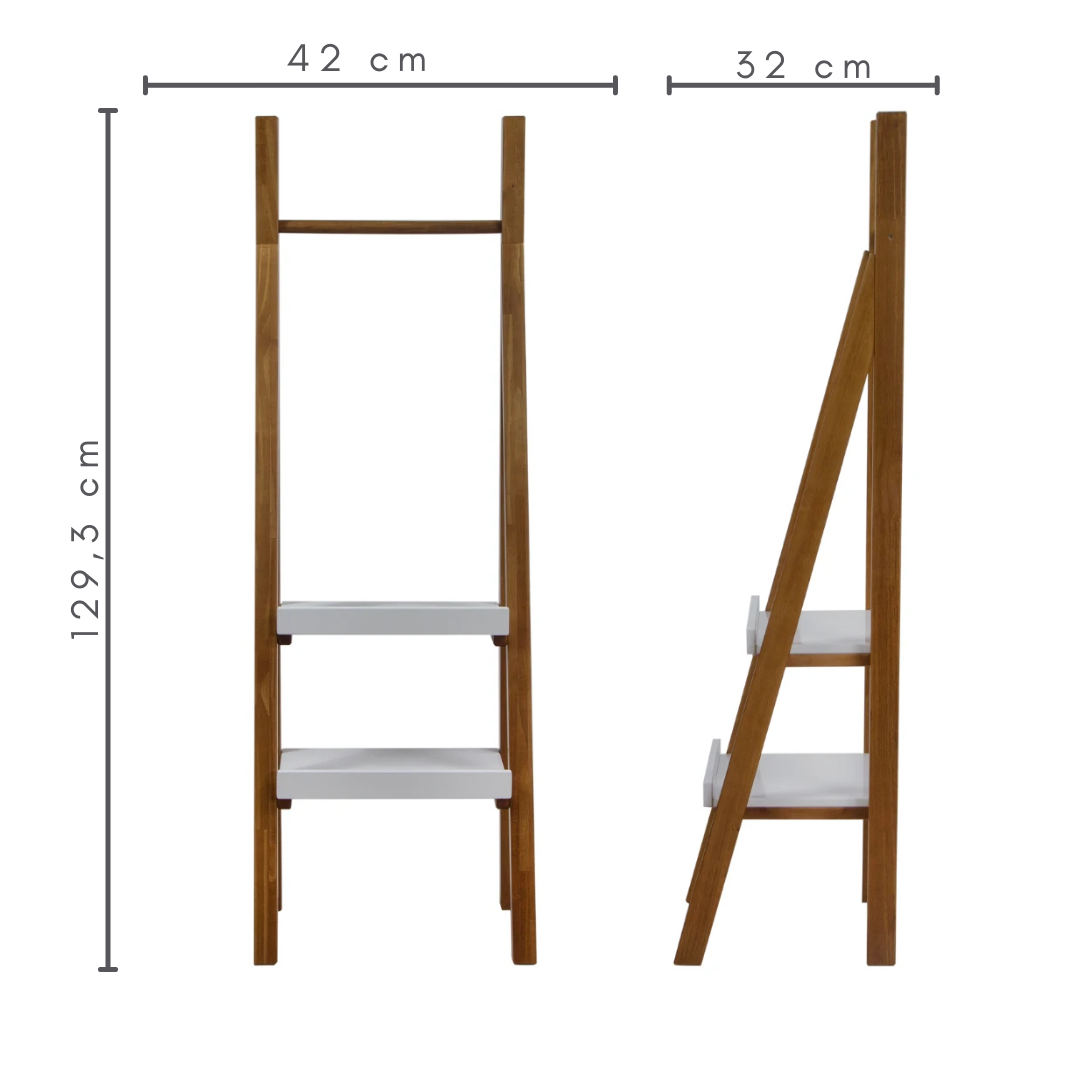 estante arara cameron moderna de madeira, cor garapa natural com prateleiras brancas, medidas    A=129,3 cm     C=42 cm     L=32 cm