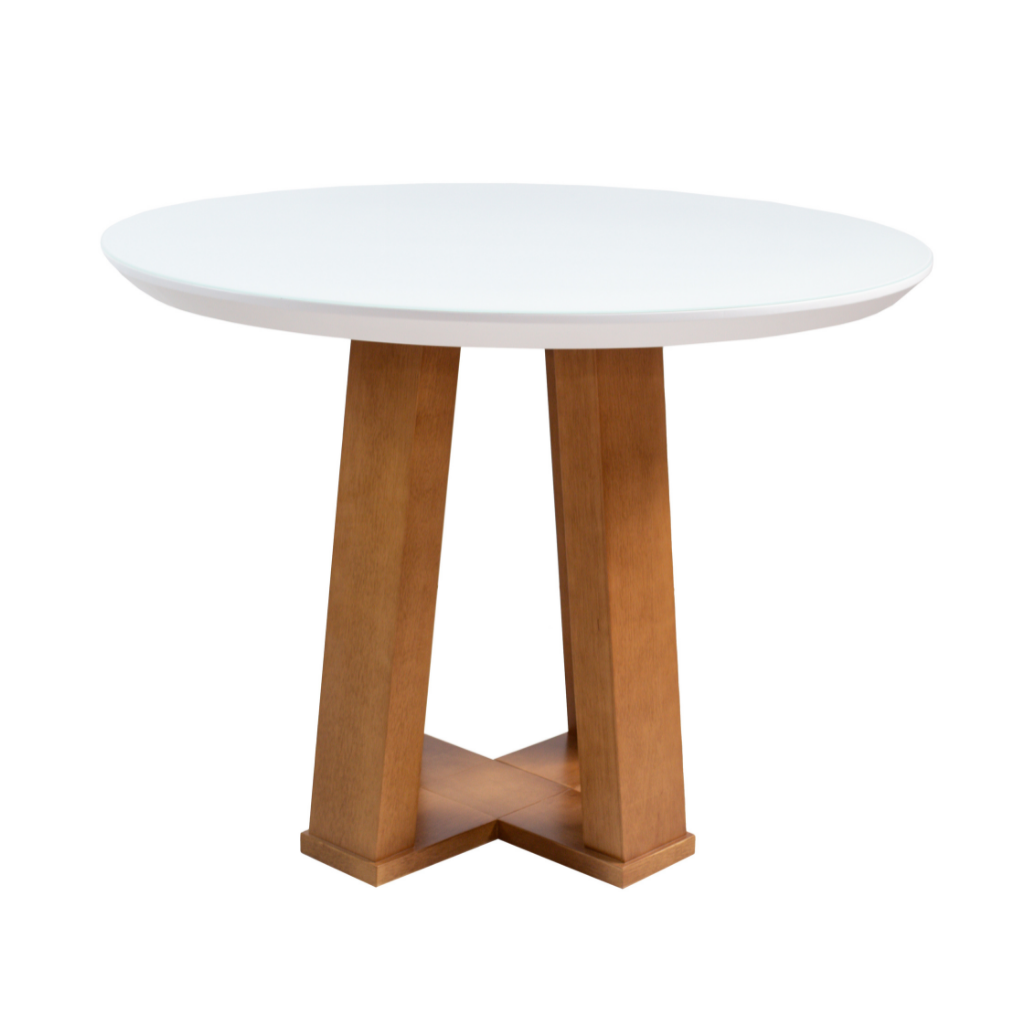 mesa de jantar redonda Atenas base x Amêndoa e tampo branco 110 cm, visto de lado