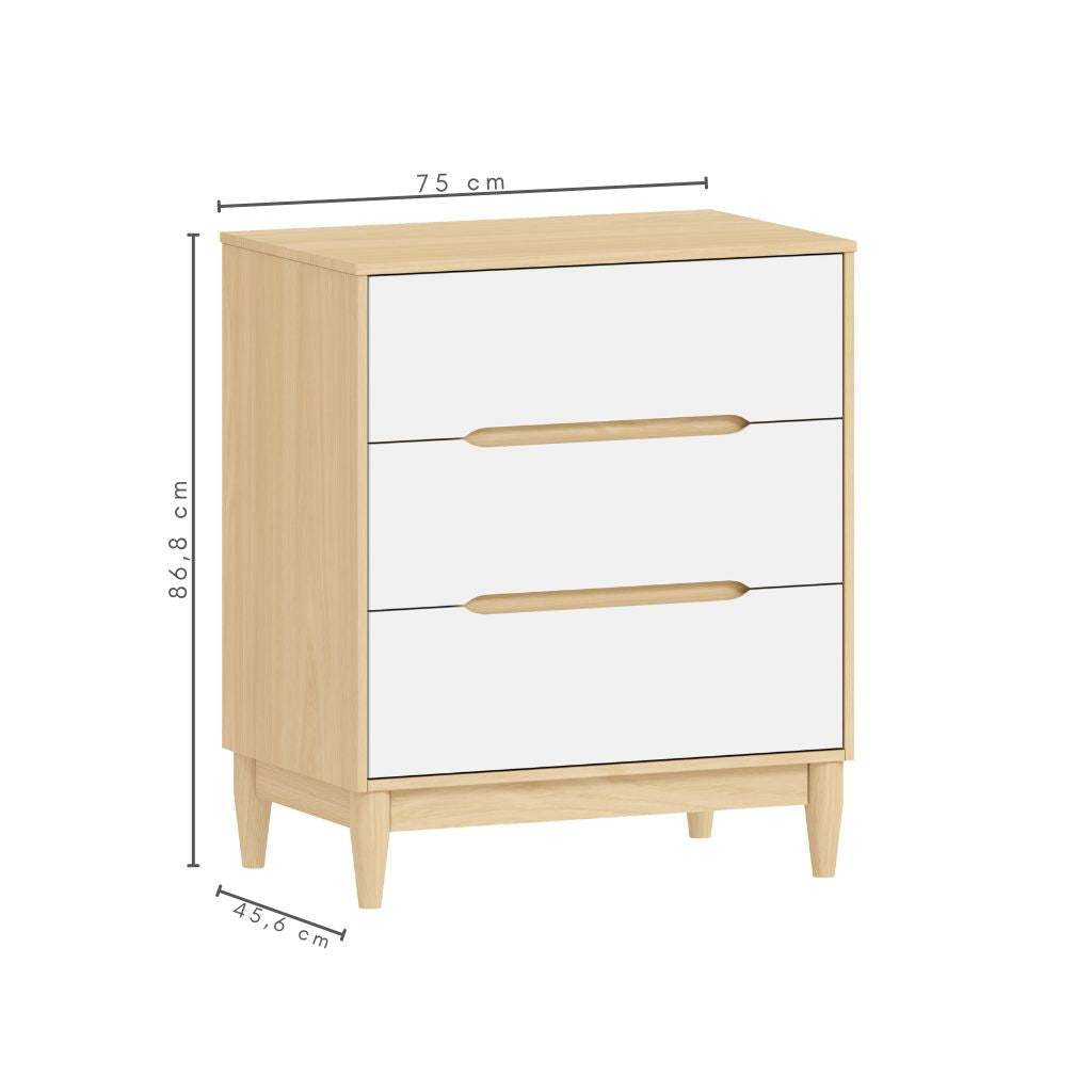 Cômoda para Quarto de Bebê 3 Gavetas Tomi Cor Branco e Carvalho - Quater