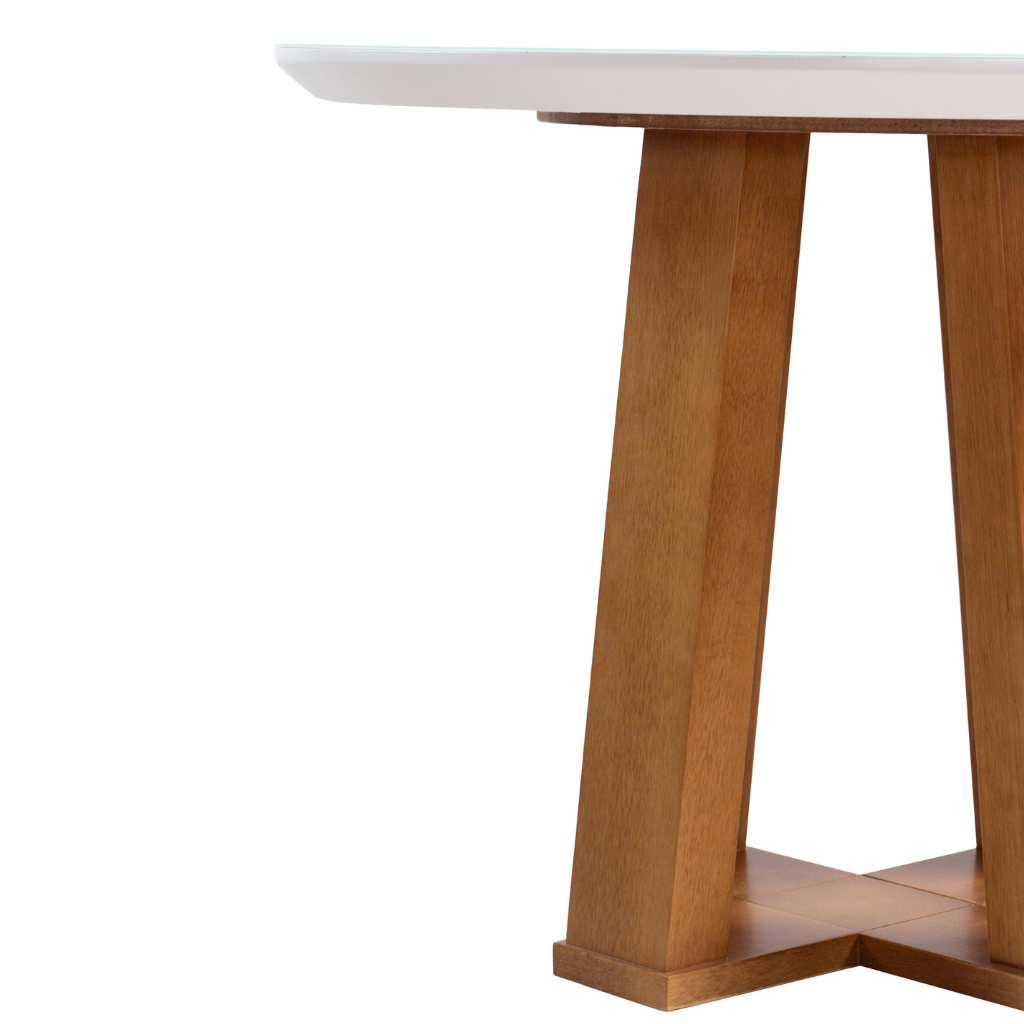 mesa de jantar redonda Atenas base x Amêndoa e tampo branco 110 cm, destacando a borda