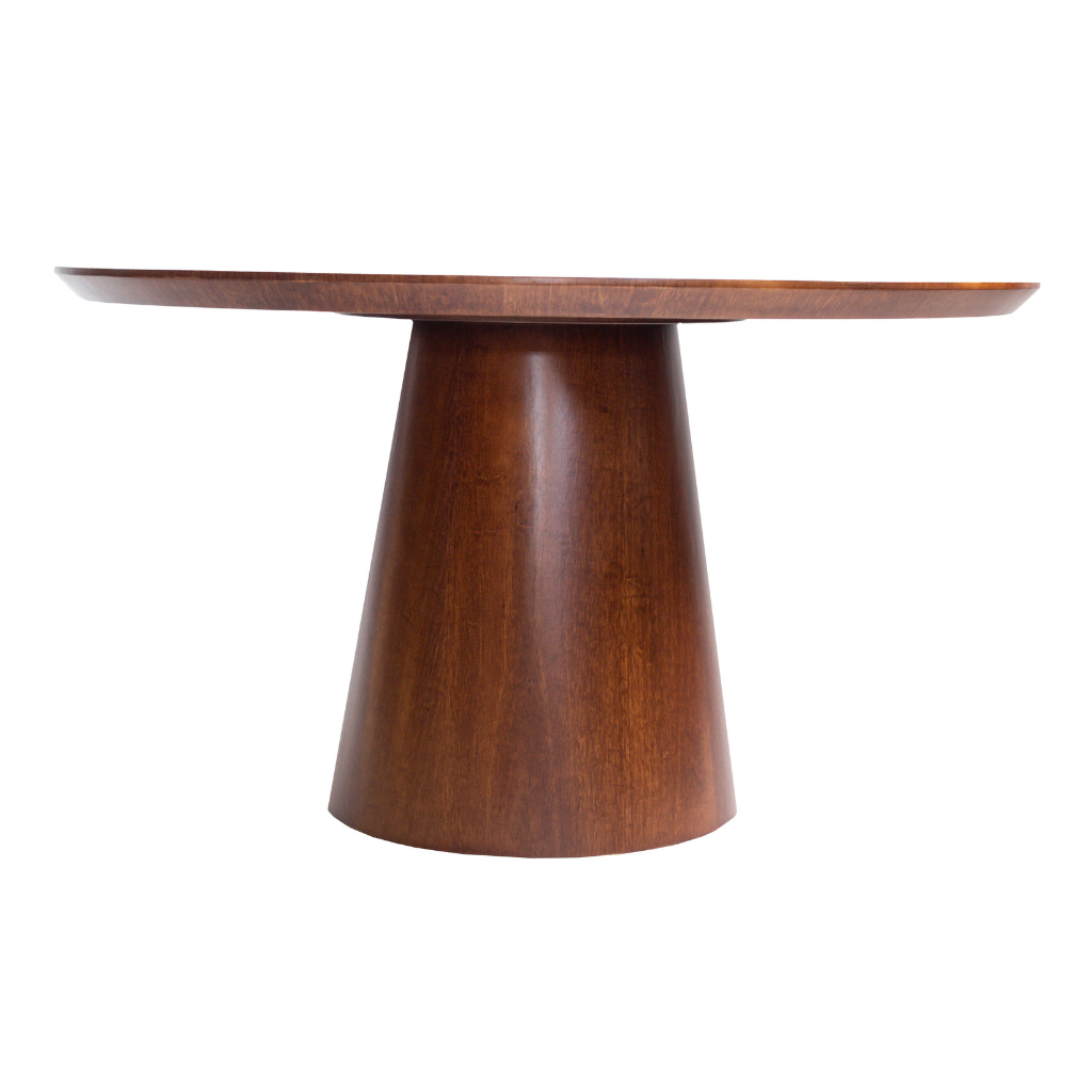 Mesa de Jantar Redonda Jasmine Base Cone Castanho e Tampo Castanho 140 cm, visto de frente