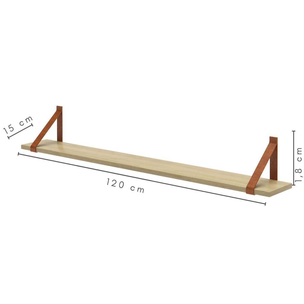 Prateleira de Parede 120 cm em MDF com Alça de Couro Sintético Cor Carvalho, medidas:  A=1,8 cm   C=120cm   L=15 cm