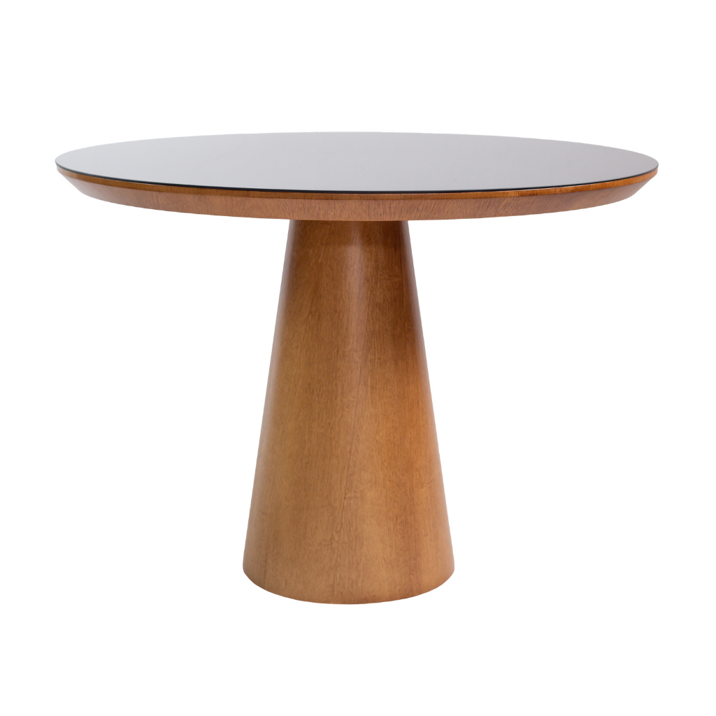 Mesa de Jantar Redonda Margô Base Cone Amêndoa e Tampo Amêndoa e Vidro Preto 110cm, visto de frente