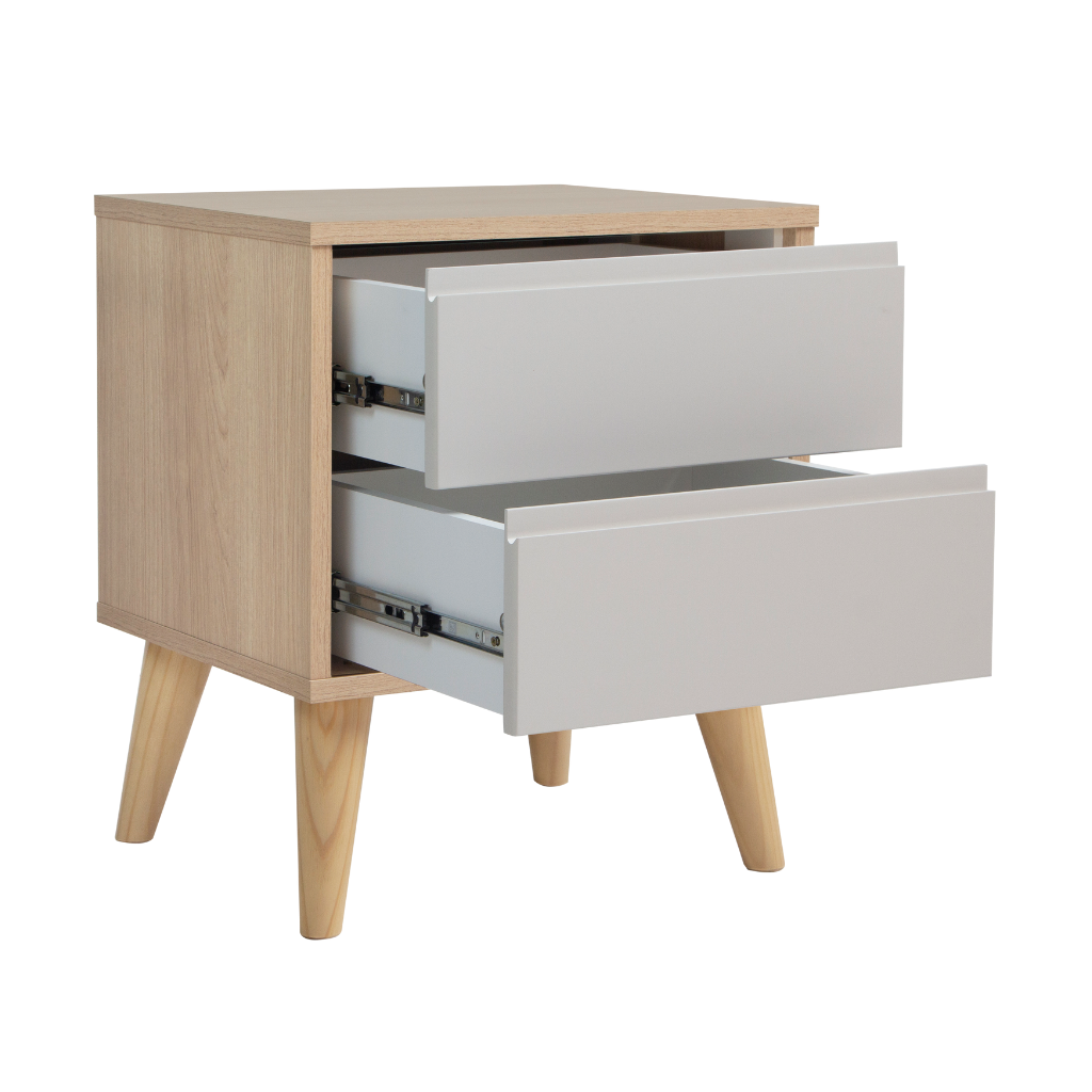 Mesa de cabeceira com 2 gavetas retrô, detalhando ela com as gavetas abertas