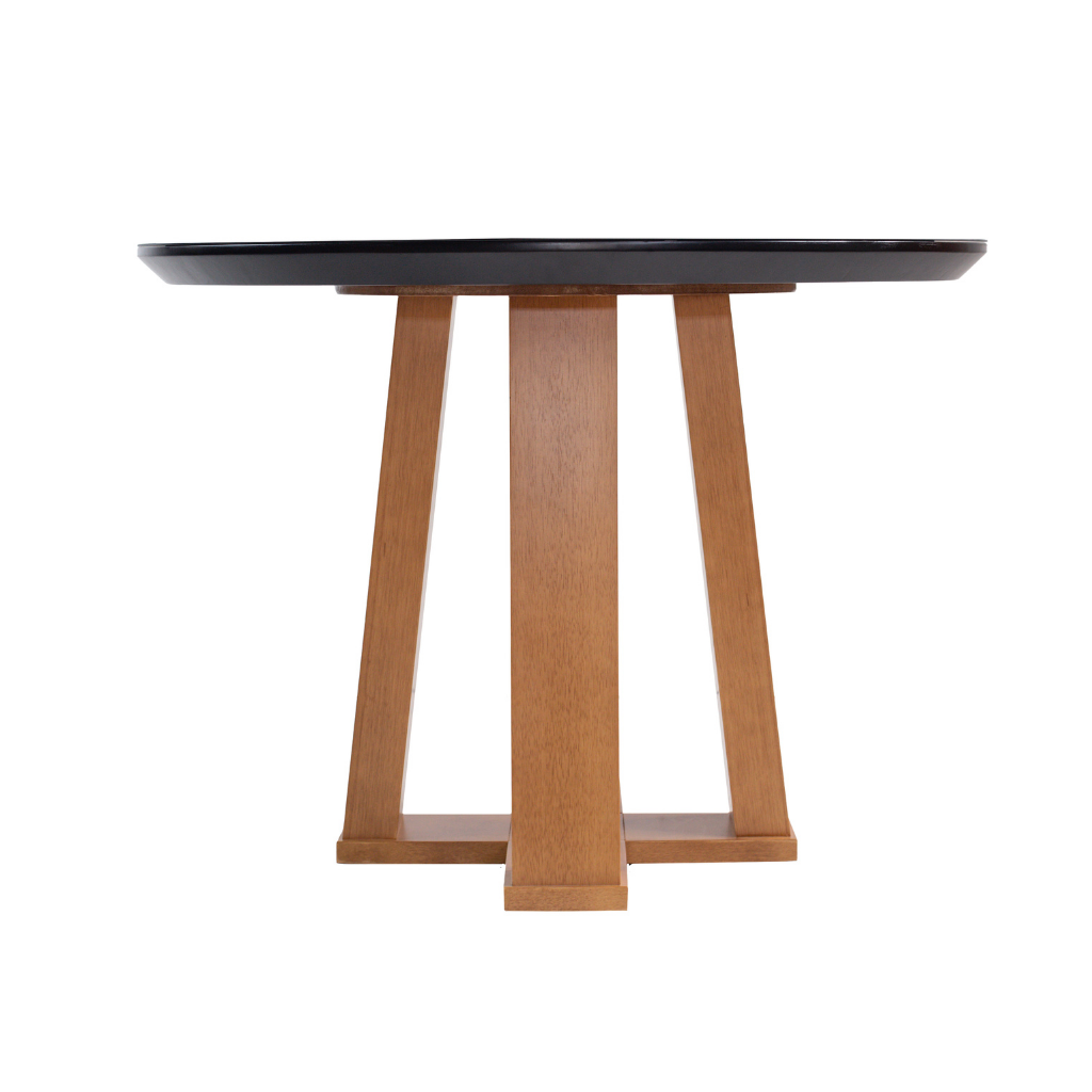 Mesa de jantar redonda catarina base x amêndoa e tampo preto 110 cm, de frente