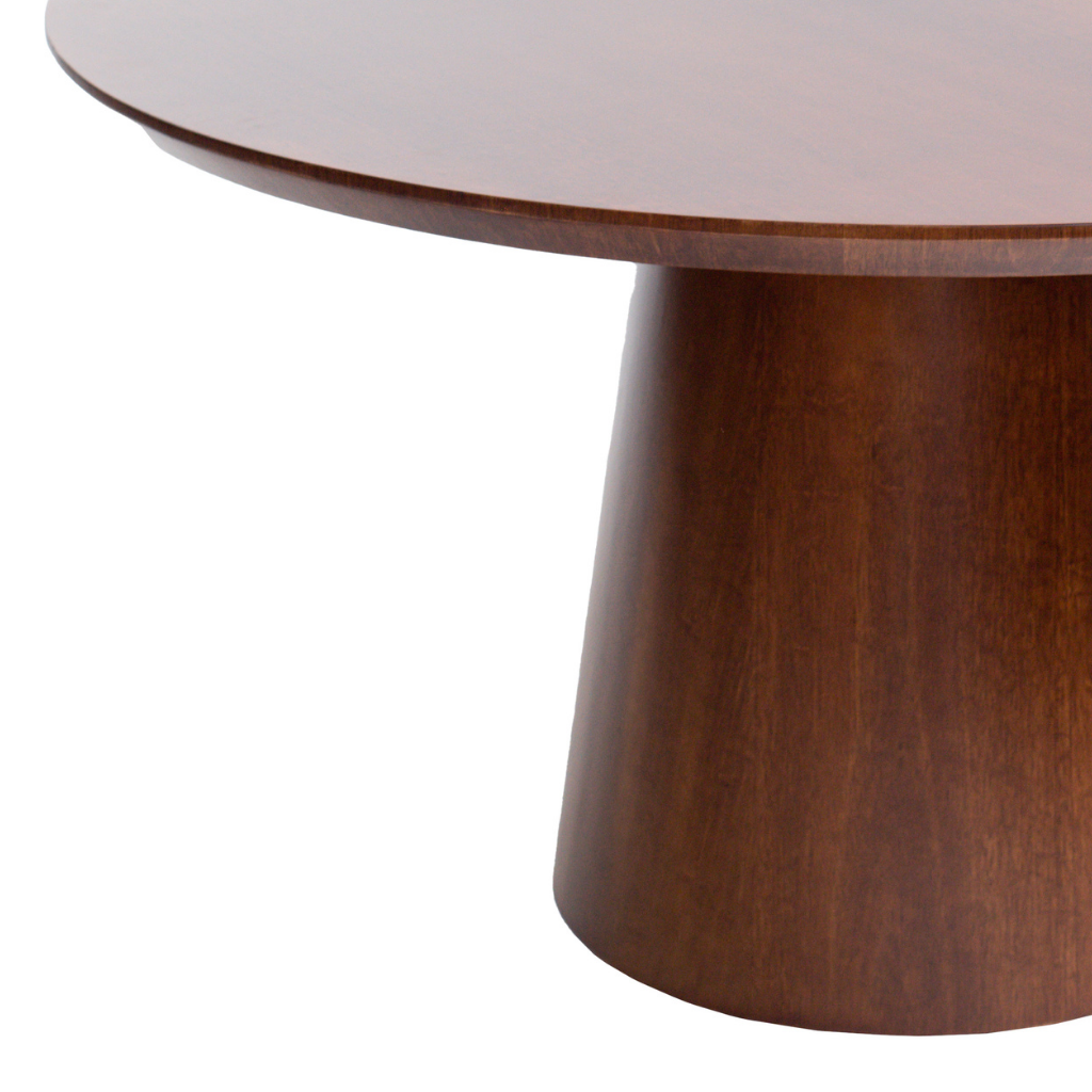 Mesa de Jantar Redonda Jasmine Base Cone Castanho e Tampo Castanho 140 cm, destacando o pé cone