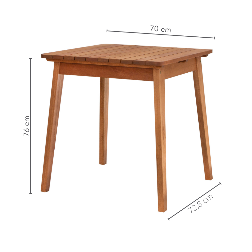 Mesa de jantar 4 lugares quadrada alpina em madeira ripada, cor stain castanheira, medidas     A=76 cm       C=70 cm      L=72,8 cm