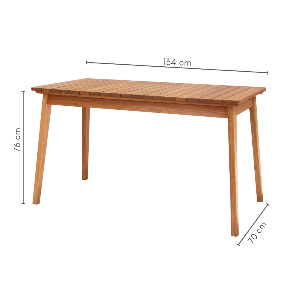 Mesa de jantar 6 lugares retangular alpina em madeira ripada, cor stain castanheira, medidas    A=76 cm      C=134 cm     L=70 cm