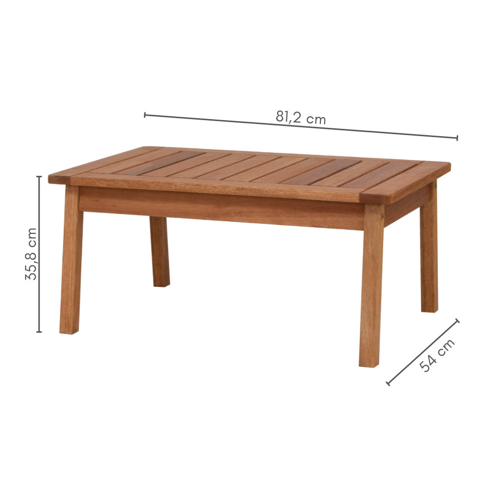 Mesa de centro retangular alpina em madeira ripada, cor stain castanheira, medidas      A=35,8 cm      C=81,2 cm      L=54 cm    