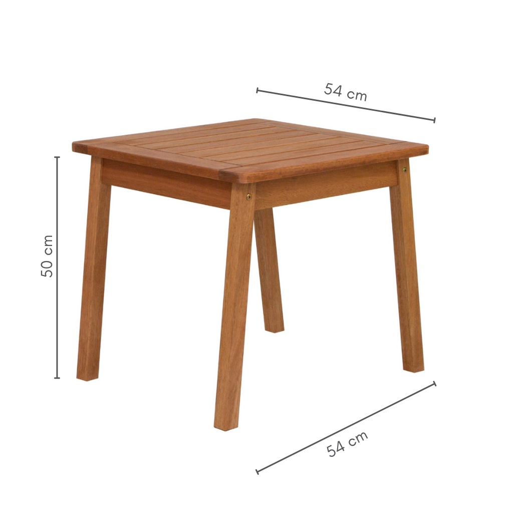 Mesa Lateral Quadrada Alpina Em Madeira Ripada Cor Stain Castanheira, medidas:  A=50 cm    C=54 cm   L=54 cm