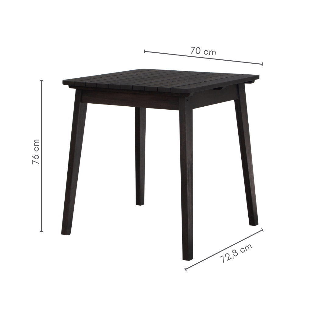 Mesa de jantar 4 lugares quadrada alpina em madeira ripada, cor preta, medidas     A= 76 cm     C=70 cm        L=72,8 cm