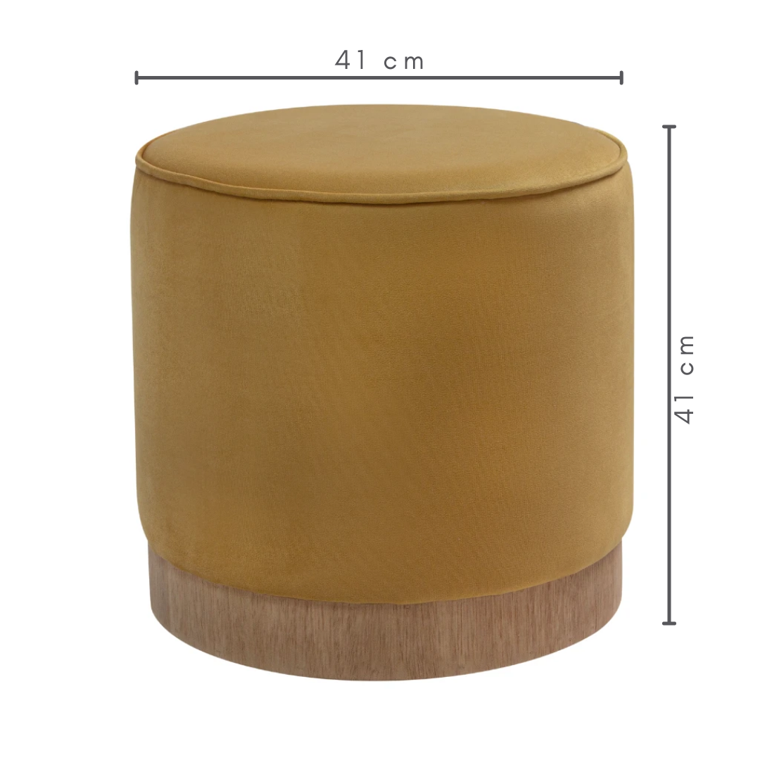 Puff Pin com base em madeira Honey e Tecido Suede Mostarda, medidas:   A=41 cm    C / L= 41 cm