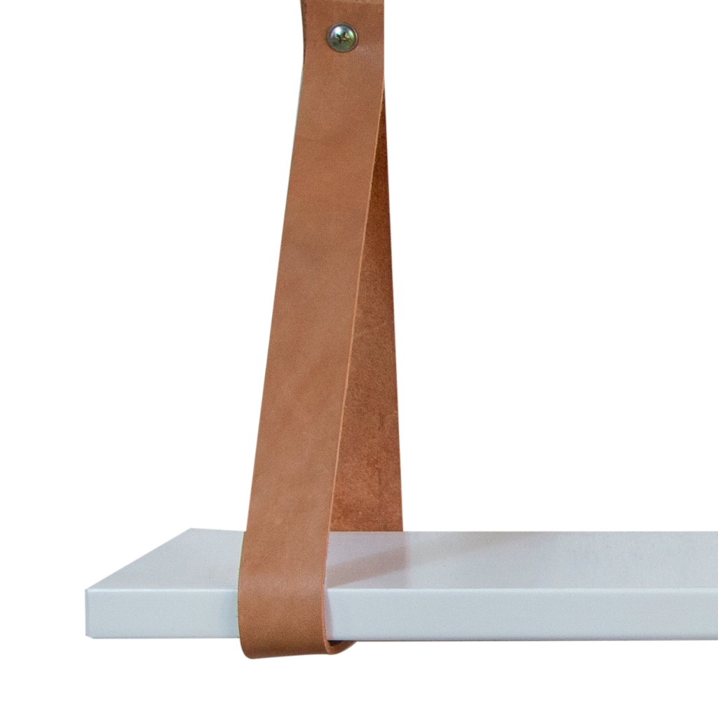Prateleira de Parede 90 cm em MDF com Alça de Couro Sintético Cor Branca, destacando a alça